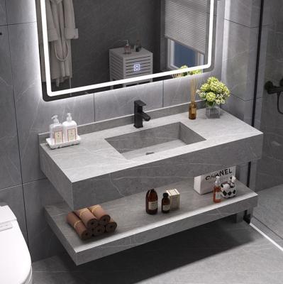 China Modern Sink Bathroom Vanity Top Sink 12mm Matte Vick Gray Faux Marble Integrated Countertop with Hang Down Shelf Platform for sale