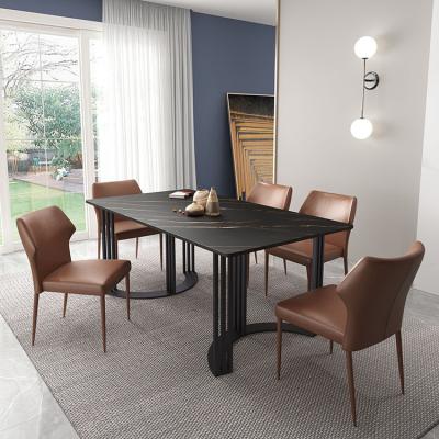 China EUROPEAN Square Black Sintered Stone Dining Table Set With Sarroland Marble Look Top Carbon Steel Frame Of 4 Metal Base Leather Chairs for sale