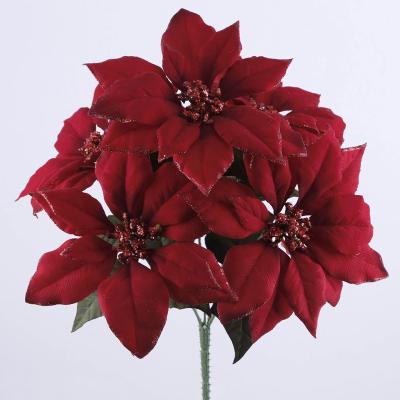 China Home Custom Creative Faux Fabric Promotion Decoration Red Poinsettia Bush Christmas for sale