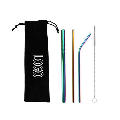 China Customized Viable Colorful Logo 3pcs Stainless Steel Metal Straws Bag Packs For 20/30 Ounce Tumblers With Cleaning Brush for sale