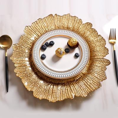 China New Trends Viable 13 Inch Silver / Gold Sunflower Wedding Dishes and Plates Charger Glass Dish Set Dinner Plate for sale