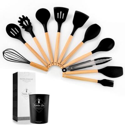 China Multi Viable Handle Wooden Kitchenware Non-stick Color 11pcs Silicone Spatula OEM Tools Utensils Cooking Set for sale