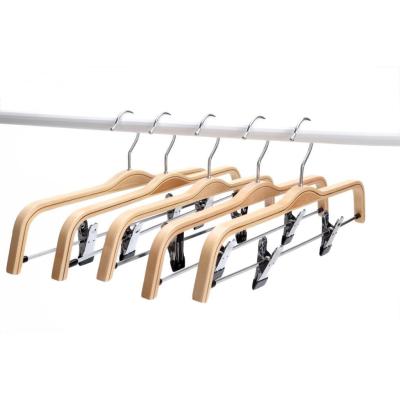 China Eco-Friendly Pant Hangers Lightweight Wooden Wood Edge Bottom Hangers with Rust Proof Hook and 2 Adjustable Clips for sale