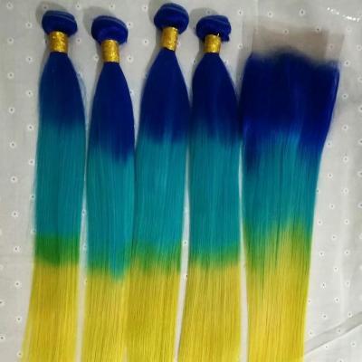 China Beautiful Silky Straight Wave Virgin Hair Ombre Blue T / Textured Green / Yellow Peruvian Straight Hair Weave for sale