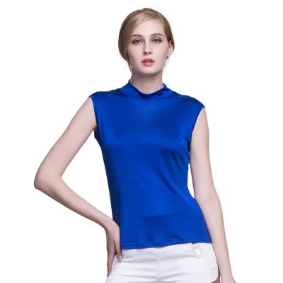 China QUICK DRY summer knitted silk women's solid slim tank top shirt vest sleeveless silk lady stand collar T-shirt office for sale