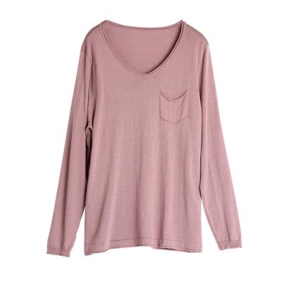 China New Spring V-Neckline Spring QUICK DRY Basic Silk Blouse Women's Long Sleeve Loose T-Shirt Solid Color Silk And Cotton Knitted Tops for sale