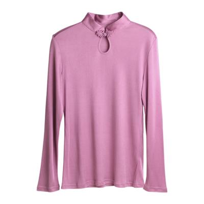 China New Fashion Retro Chinese Style Long Sleeve Spring Fit Silk Knitting Women's Tops Stand Collar QUICK DRY Silk T-shirt Thin Women's Tops for sale