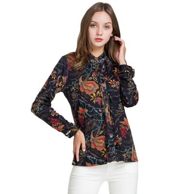 China New Breathable Women Fashion Long Sleeves Blouse Vintage Woman Printed Elegant Silk Blouse Shirts for sale