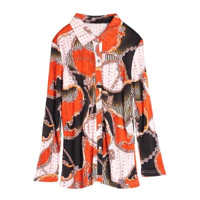 China New Breathable Silk Long Sleeve Shirt Women's Loose Silk Knitted Printed Slim Diet Ladies Blouse Top for sale