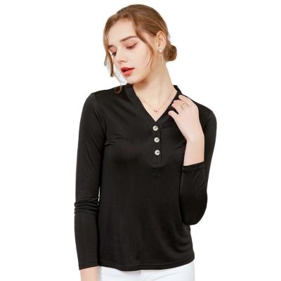 China New QUICK DRY spring long sleeves silk t-shirt for women silk v-neck knitted slim button clothing ladies top for sale