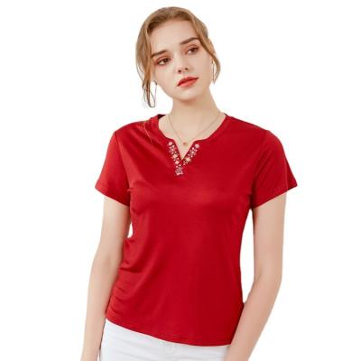 China High Quality Fashion New Embroidery Summer QUICK DRY Short Sleeves Silk T-shirt Women's Silk Top Ladies T-shirt Blouse for sale