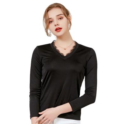 China QUICK DRY Women's Fashion Tops Silk V-Neckline Sheath Long T-shirt Sexy Lace Silk Knitted Solid Top for sale