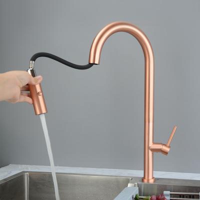 China Sense Rose Gold Kitchen Sink Faucet With Pull Down Sprayer Kitchen Mixer Tap With Two Water Modes Sprayer High Arc Style for sale