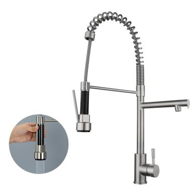 China Modern Faucet For Kitchen Sink Stainless Steel Pull Down Double Spout Spring Kitchen Faucet Brushed Nickel for sale