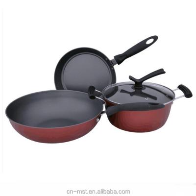 China Sustainable Non-Stick Cookware Set Pan Set Carbon Steel All In One Red Pot Set 24cm Casserole 24cm Pan 32cm Wok for sale