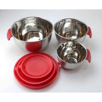 China Viable 3pcs Mixing Bowl Set Stainless Steel Salad Mixing Bowls With Red Color Silicone Cover for sale