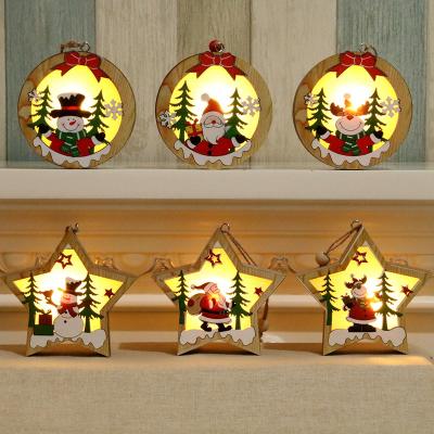 China Wooden Wood Can Emitter Crismas Round Shape Star Light Wooden Star Lights Christmas Decoration Tree Pendant Hanging Wooden Decor for sale