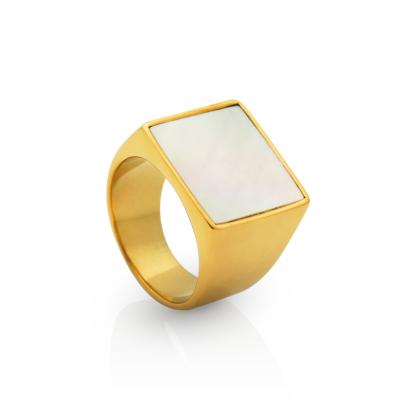 China Trendy Chris April Fashion Jewelry PVD Gold Plated 316L Stainless Steel Water Proof Natural Shell Square Seal Ring For Gift for sale