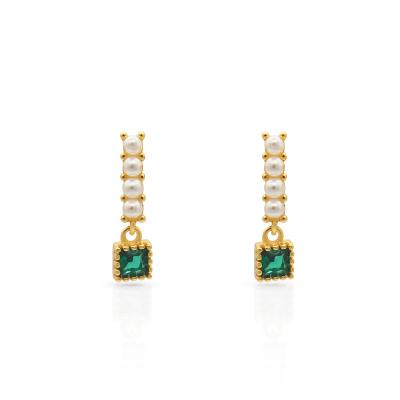 China Chris April Style 18k Classic Luxury 925 Gold Shell Pearl Sterling Silver Princess Cut Green Zircon Drop Earrings for sale