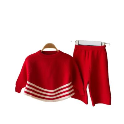 China T043 2 Pcs New Autumn Girls Sweaters Cardigan Breathable Striped Baby Sweaters Set for sale