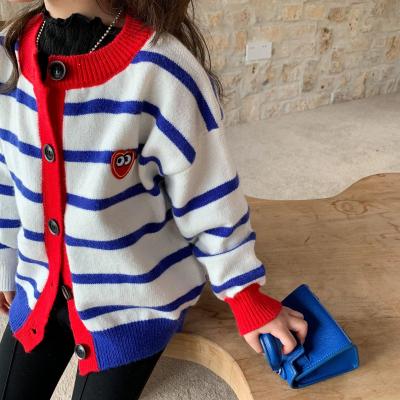 China MX049041 Anti-wrinkle Blue Stripe Toddler Baby Kids Cardigan Girls Infant Sweater Knitted Clothing For Fall for sale