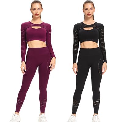 China Women's Breathable Cavity Long Crop Hip Lift Legging Clothing Seamless Sleeving Fitness Yoga Top Set for sale