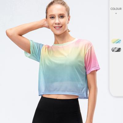 China Women Summer Mesh Cute Crewneck Lightweight Tie Dye Breathable Quick Dry Short Sleeve Cropped T-Shirt Top for sale