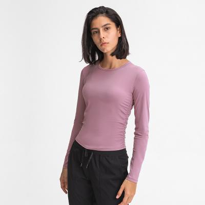 China New Arrival Crop Fit Crewneck Long Sleeve Active Ruched Side Top Women Breathable Stretchy Slim Workout for sale