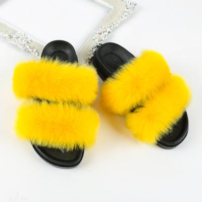 China Custom Made Fashion Trend Summer Rabbit Fur Bare Flat Fluffy Open Toe Slide Slippers Soft Cozy Sandals Indoor Slippers for sale