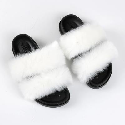 China Fashion Trend Women's Stripe Soft Plush Cross Slippers Double Fluffy Faux Fur Comfortable Bedroom Shoes Outdoor Flip Flop Open Toe Indoor Fur Slides for sale