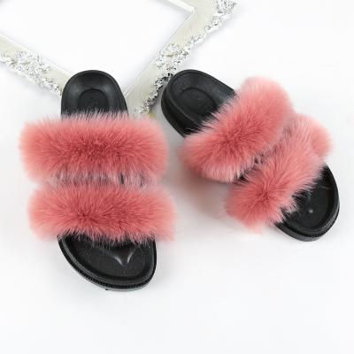 China Fashion Trend Mom and Kids FAUX Fur Slippers PVC Material Unique Double Belt Fur Slippers for sale