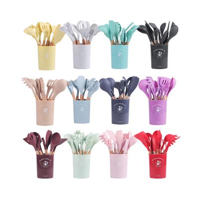 China Viable Factory Wholesale Silicone Kitchen Heat Resistant Cookware Cooking Wooden Handles Utensil Set 12Pcs Spatula Utensils Kitchen Set for sale