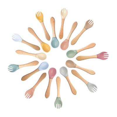 China Factory Wholesale High Quality Silicone Toddler and Baby Silicone Wooden Spoon Fork for sale