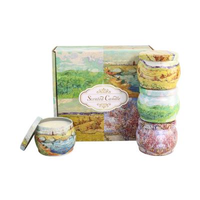 China Luxury Scented Aromatherapy Art Candle Smokeless Oil Painting Four Pieces Set Craft Aluminum Boxes Creative Gifts With Plant Fragrance for sale