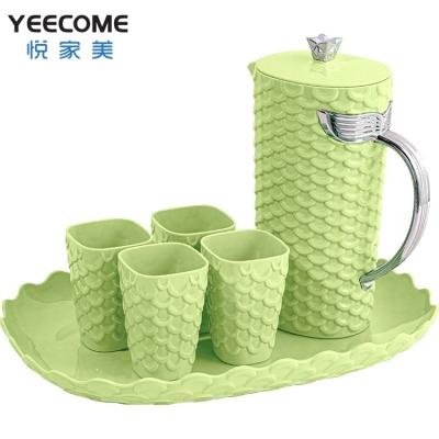 China Yeecome Sustainable Brand New Design Shiny Silver Plated Handle Fish Scale Water Jug Drinkware With Cup And Tray for sale