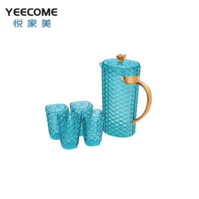 China Yeecome Sustainable Brand Design Transparent Shiny Blue Fish Scale Gold Plated Water Jug Kettle Drinkware Set With 4 Cups for sale