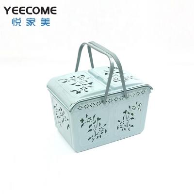 China Viable Plastic PP Handle Shopping Baskets Yeecome Brand Flowers Hollow Out Double Open Pattern Lid Storage Basket for sale