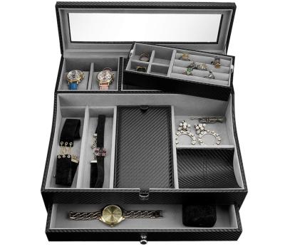 China Custom Large Mens Jewelry Organizer Carbon Fiber Watch Box Manufacturer Logo Jewelry Storage Packaging Box For Men for sale