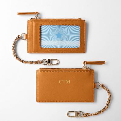 China Vintage Small Strap Vintage Credit Card Holder PU ID Badge Genuine Leather Card Holder ID Chain Card Case for sale