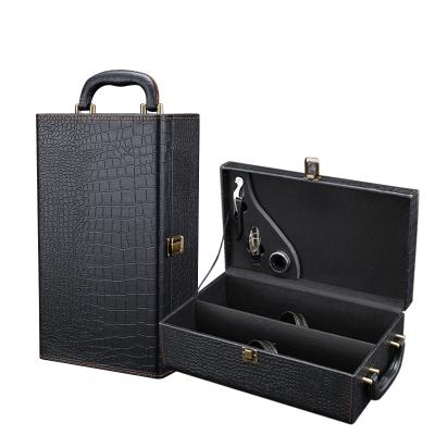 China Black 2 Wine Crate Small Price Luxury Leather Wine Bottle Box Handmade Magnetic Leather Glass Holder for sale