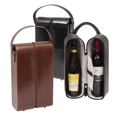 China High Quality Handmade Custom Leather Wine Box Holder 2 Pulls Leather Wine Carrying Case With Handle for sale