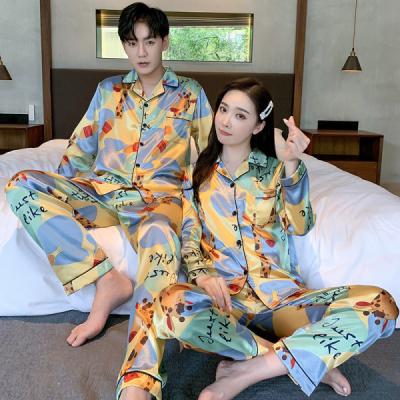 China Men Matching Breathable Couples Pajamas And Korean Long Sleeve Ice Silk Autumn Pajamas Set Women for sale