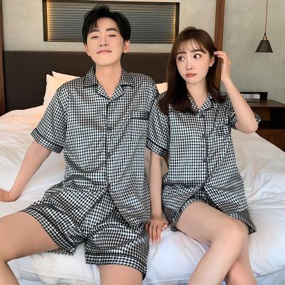 China New Breathable Summer Korean Short Sleeve Couples Pajamas Couples Ice Silk Matching Pajamas Sleepwear Set for sale