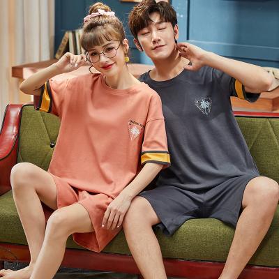 China Breathable Couple Pajamas Summer Knitted Cotton Women's Couples Loose Sleepwear Short Sleeve Korean Cute Thin Men's Set for sale