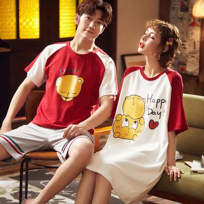 China Breathable Summer Couple Pajamas Cotton Cartoon Short Sleeve Knitted Ladies Nightgown Couple Pajamas Sets for sale