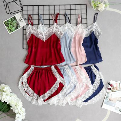 China 2 Piece Lace Breathable Set Women's V-Neck Shorts Suspenders Set Pajamas for sale