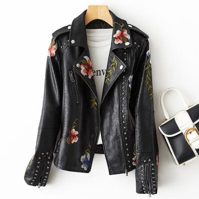 China New Retro Women's Black Punk Tracksuit Floral Embroidery Faux Leather Jacket Soft Turn-Down Biker Collar Coat Pu Waterproof Moto for sale