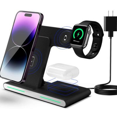 China 15W Mobile Phone Charger Fast Foldable Wireless Stand 3 in 1 Phone Charging Station Desktop Mobile Phone Charging Dock for iPhone iWatch AirPods for sale