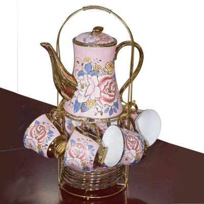 China Viable Elegant Floral Rose Tea Cups 13 PCS Antique Home Porcelain Coffee Cups And Saucers With Teapot Set for sale