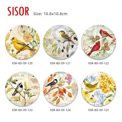 China Sustainable Wholesale Bird Round Ceramic Coaster Custom American Style Water Absorbent Tiles Table Coaster Cork Backed Ceramic Mats Cup Pads for sale